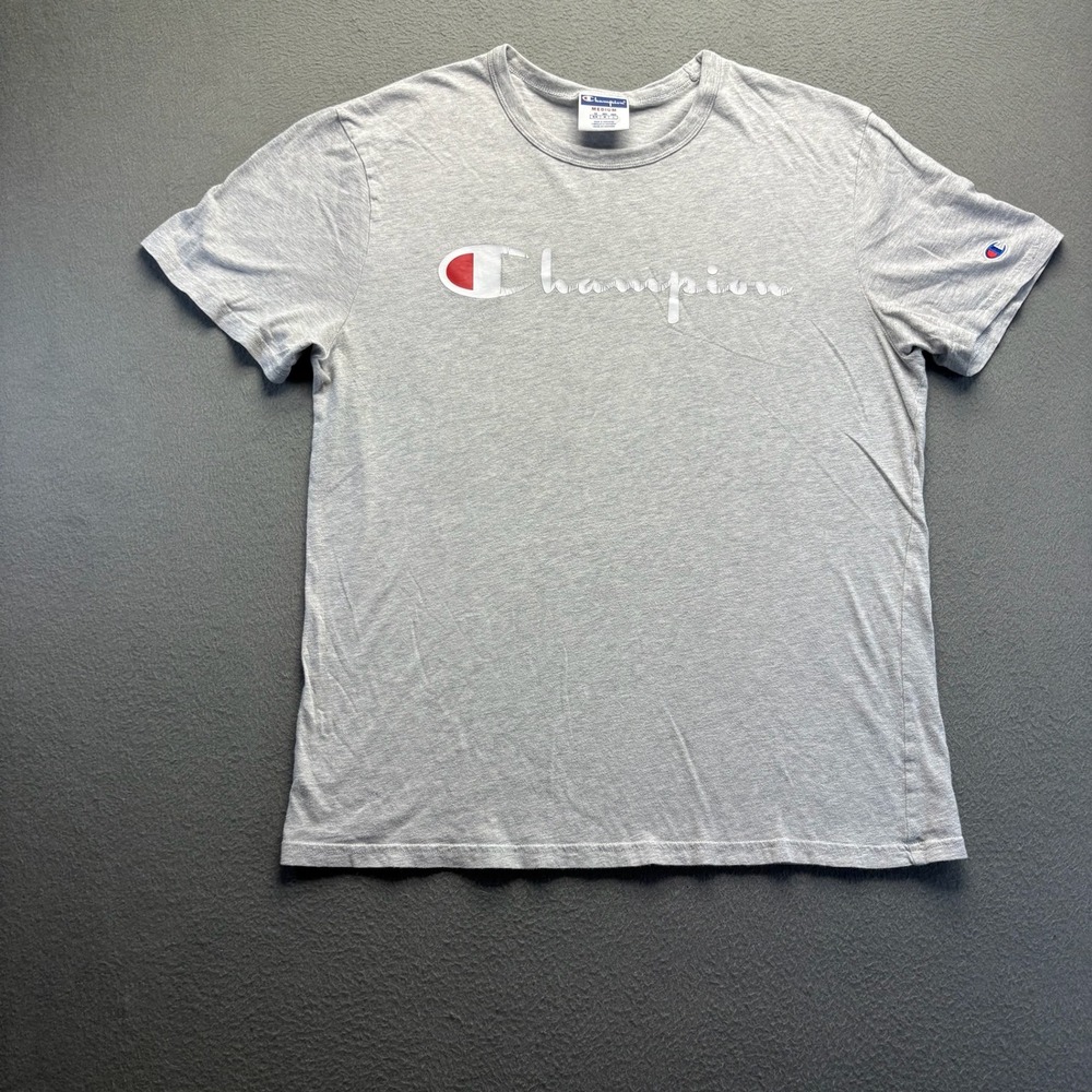 Champion Men T-Shirt Grey Cotton Medium Script Logo Athletic Streetwear